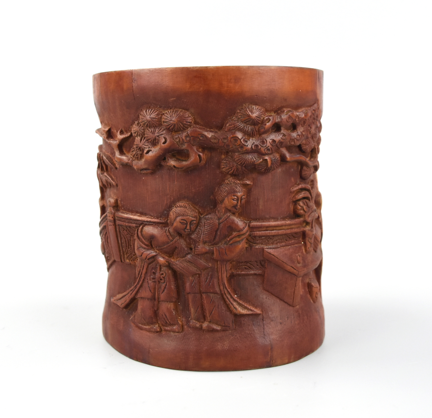 Appraisal: CHINESE CARVED BAMBOO BRUSHPOT W GARDEN SCENE a fine carving