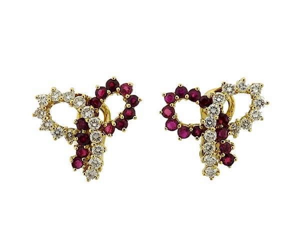 Appraisal: K Gold Ruby Diamond Bow Earrings METAL K Gold GEMSTONES