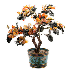 Appraisal: A Chinese Hardstone Tree in a Cloisonn Enamel Jardini re