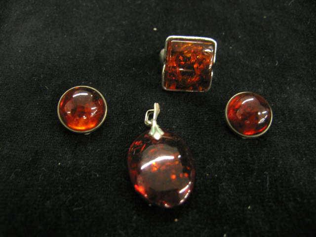 Appraisal: Amber Sterling Jewelry Suite ring pendant earrings natural amber