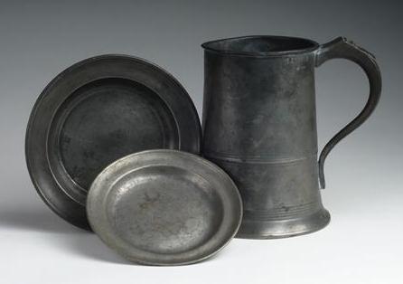 Appraisal: ENGLISH PEWTER QUART MUG AND TWO SMALL PLATES Diameter of