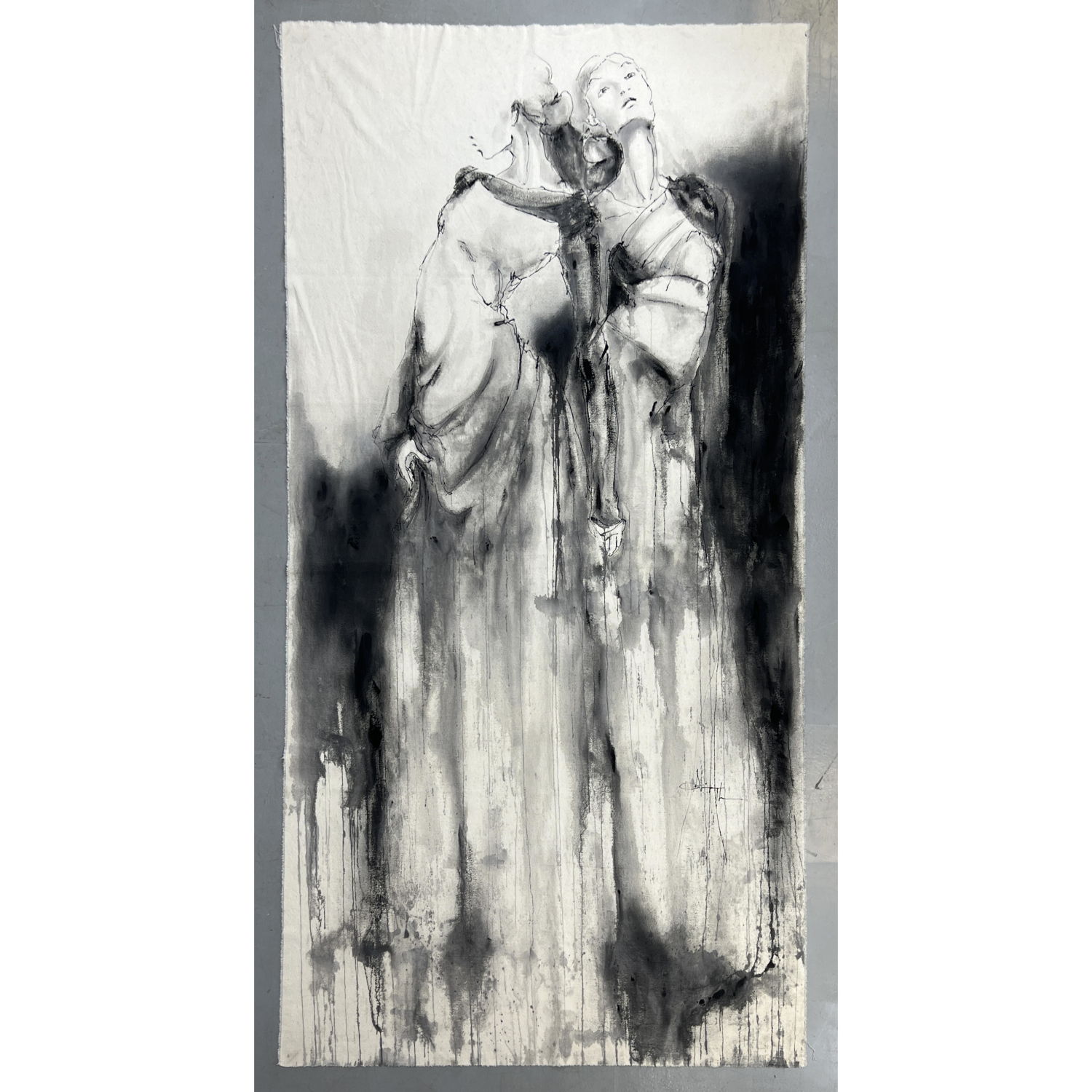 Appraisal: Tall Signed Figural Painting on Cloth Portraits of two larger