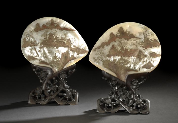 Appraisal: Unusual Pair of Chinese Painted Shells on Stands each shell