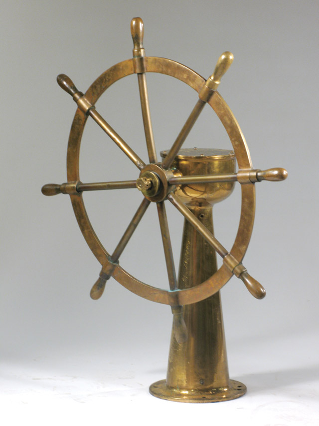 Appraisal: HEAVY BRASS SHIP'S WHEEL AND PEDESTAL COLUMN American early th