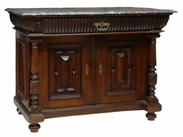 Appraisal: French Renaissance Revival carved walnut sideboard th c rectangular marble