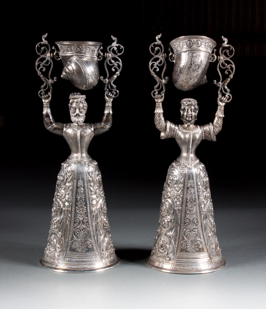 Appraisal: Pair of Continental silver figural wager cups in the Renaissance