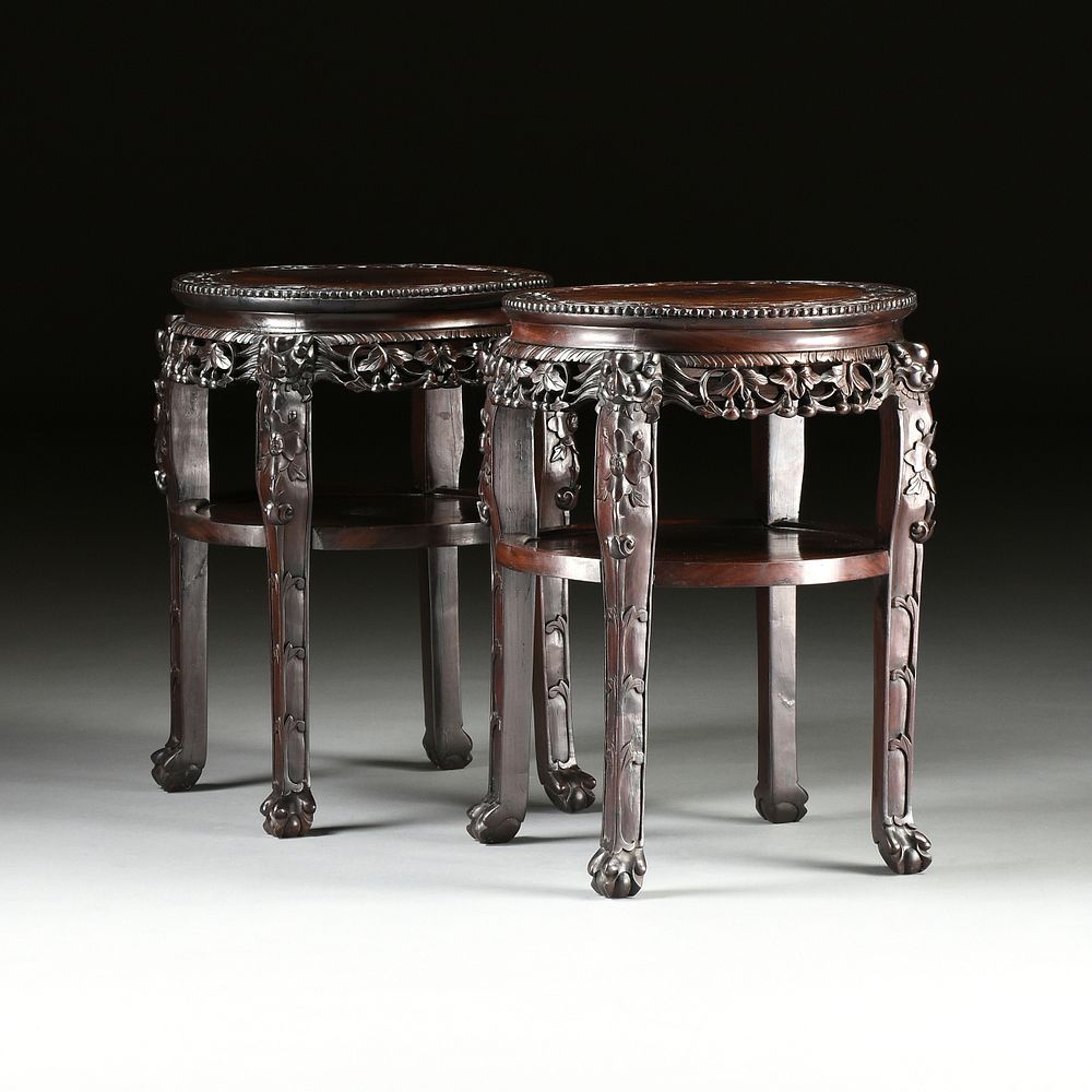 Appraisal: A PAIR OF CHINESE CARVED ROSEWOOD SIDE TABLES LATE TH