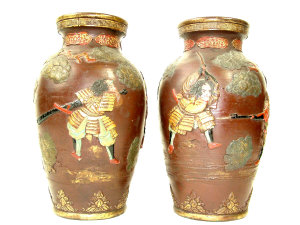 Appraisal: Pair of Japanese earthenware vases with a brown ground with