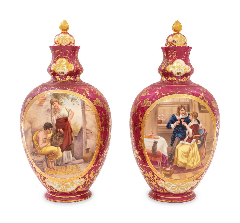 Appraisal: A Pair of Vienna Porcelain Urns A Pair of Vienna