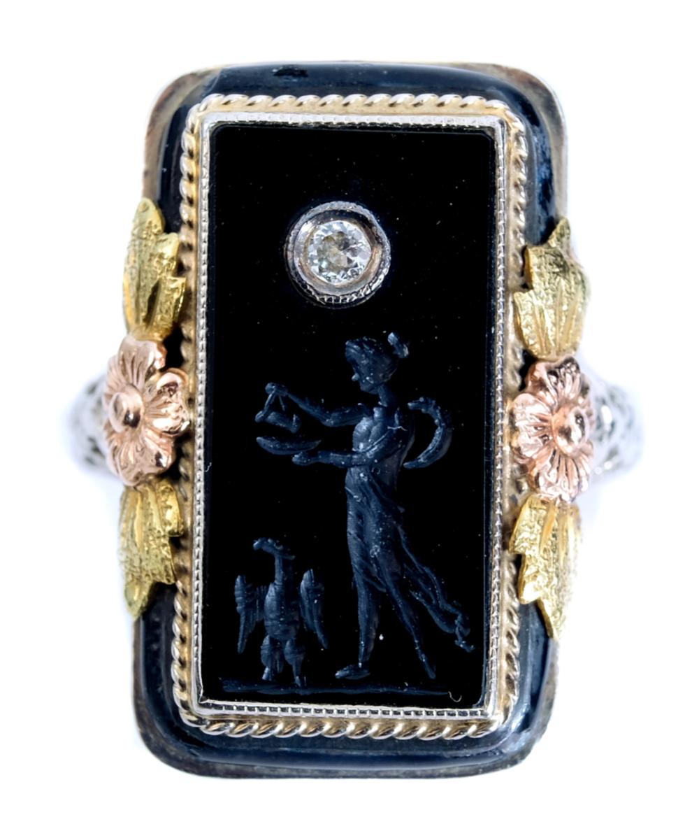 Appraisal: VICTORIAN K YG WG ONYX DIAMOND RINGClassical Revival style k