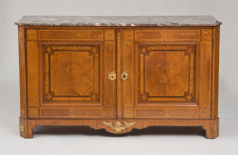 Appraisal: LOUIS XVI ORMOLU-MOUNTED KINGWOOD AND TULIPWOOD PARQUETRY SIDE CABINET With