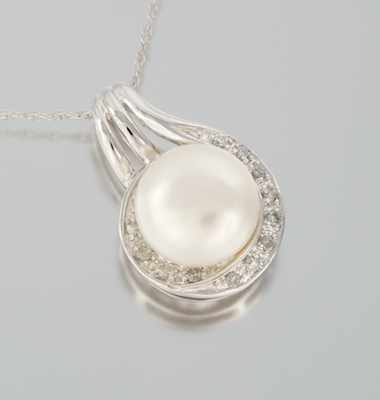 Appraisal: A Ladies' Pearl and Diamond Pendant on Chain k white