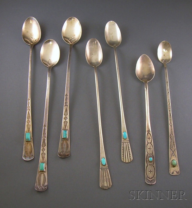 Appraisal: Seven Southwest Silver and Turquoise Spoons Navajo each with stamp