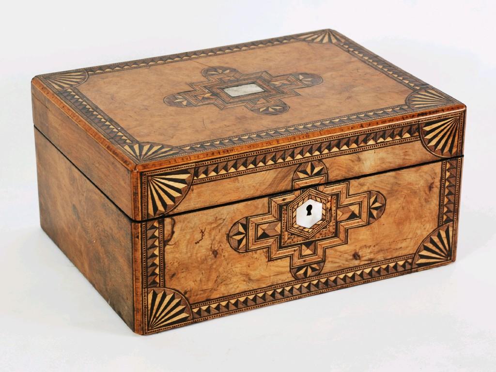 Appraisal: VICTORIAN FIGURED WALNUT AND INLAID WORK BOX typical form with