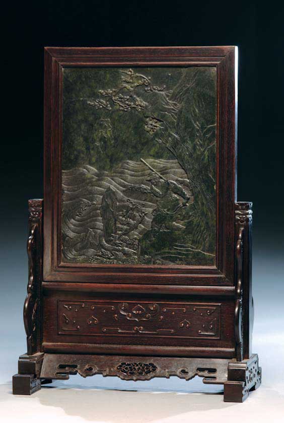 Appraisal: SPINACH JADE TABLE SCREEN Chinese carved spinach jade table screen