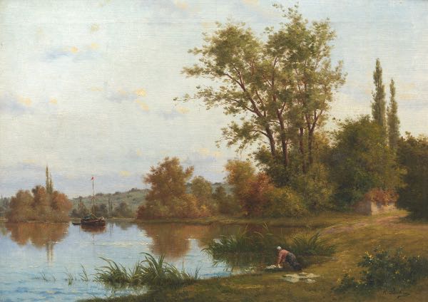 Appraisal: H SAULIEU FRENCH TH CENTURY x River Landscape Oil on