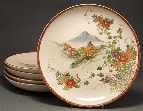 Appraisal: Set of five Japanese Satsuma earthenware floral and landscape decorated