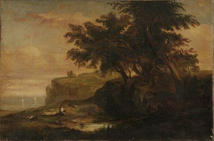 Appraisal: Continental School th C Landscape with Cliffs Figure and Sheep