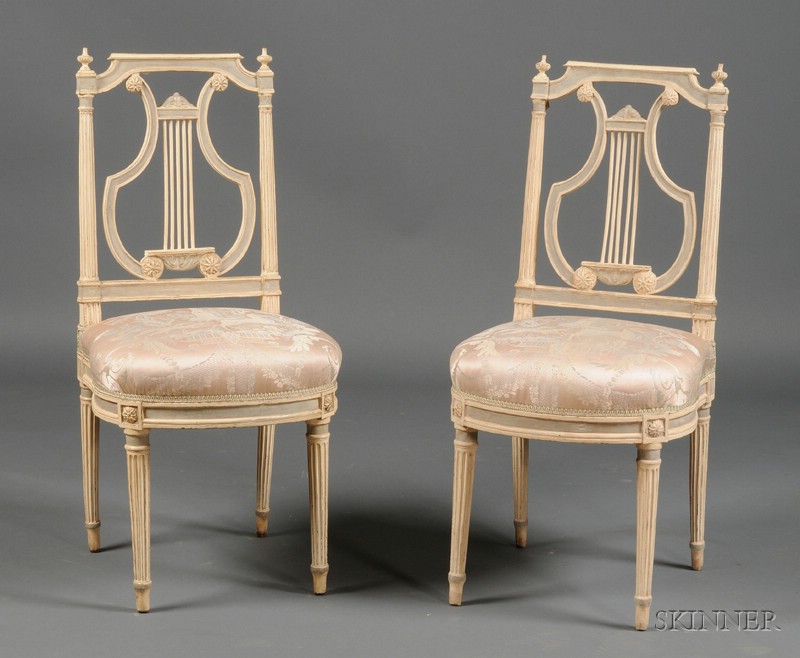 Appraisal: Pair of Louis XVI Blue and White Painted Lyre-back Side