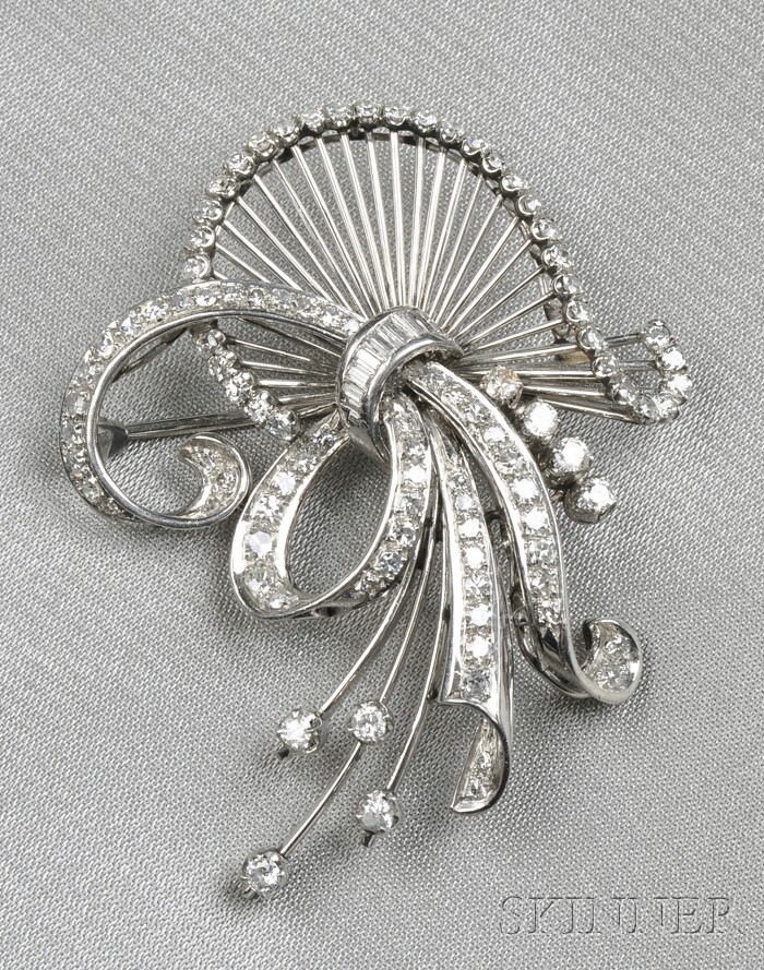 Appraisal: Platinum and Diamond Brooch designed as a ribbon set with