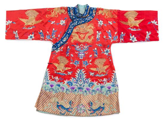 Appraisal: Sale Lot A Chinese Red Embroidered Silk Dragon Robe mid