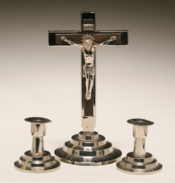 Appraisal: Art Deco chrome religious table articles including a crucifix with