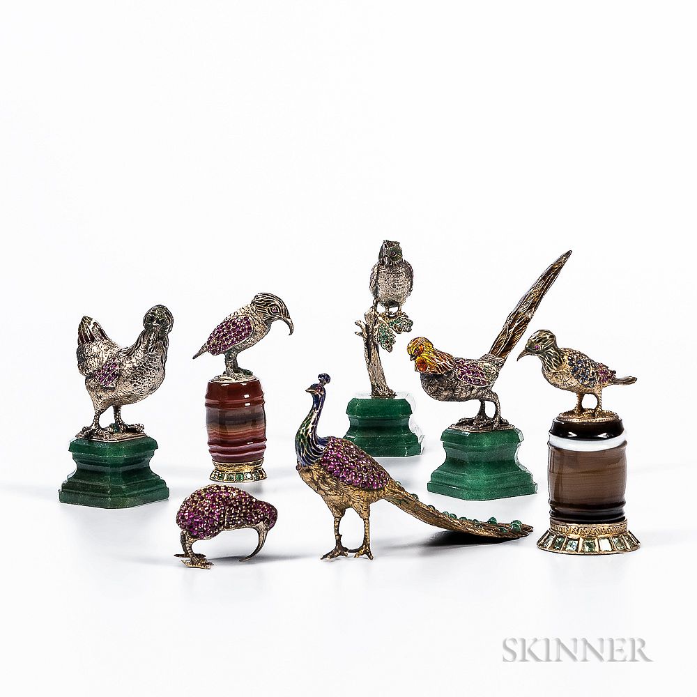 Appraisal: Seven Silver Enamel and Gem-set Miniature Birds Seven Silver Enamel