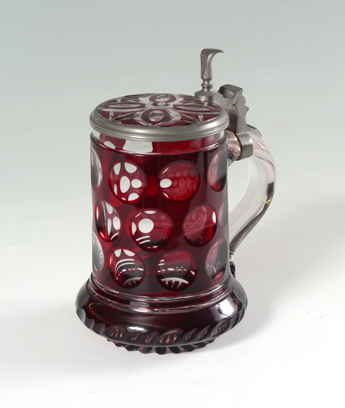 Appraisal: THUMBPRINT CRANBERRY GLASS TANKARD Cranberry cut to clear glass hinged