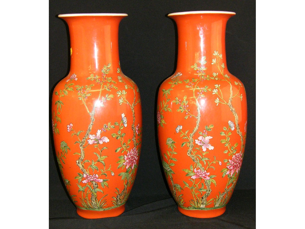 Appraisal: Pair of Chinese famille rose baluster vases decorated with blossoming