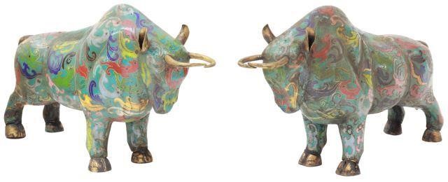 Appraisal: pair Chinese cloisonne enamel ox sculptures each with bright enamels