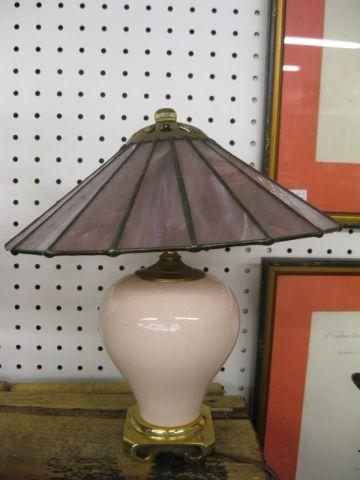 Appraisal: Slag Glass Lamp umbrella shade is diameter on pottery base