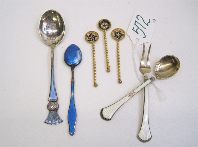 Appraisal: FOUR NORWEGIAN ENAMEL AND RUSSIAN SPOONS The Sterling Norwegian spoons