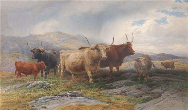 Appraisal: HENRY BIRTLES - - Highland cattle in a mountainous landscape