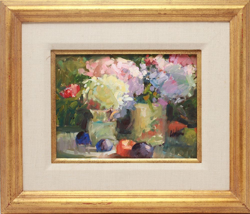 Appraisal: G Holland Signed Flowers with Fruit Oil on Board G