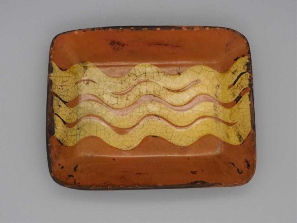 Appraisal: MINIATURE REDWARE DISH WITH SLIP DECORATION Early th c possibly