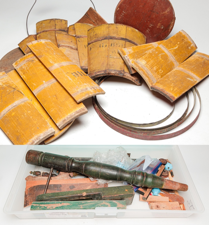 Appraisal: GROUP OF SUGAR BUCKETS AND SPINNING WHEEL Nineteenth century KIt