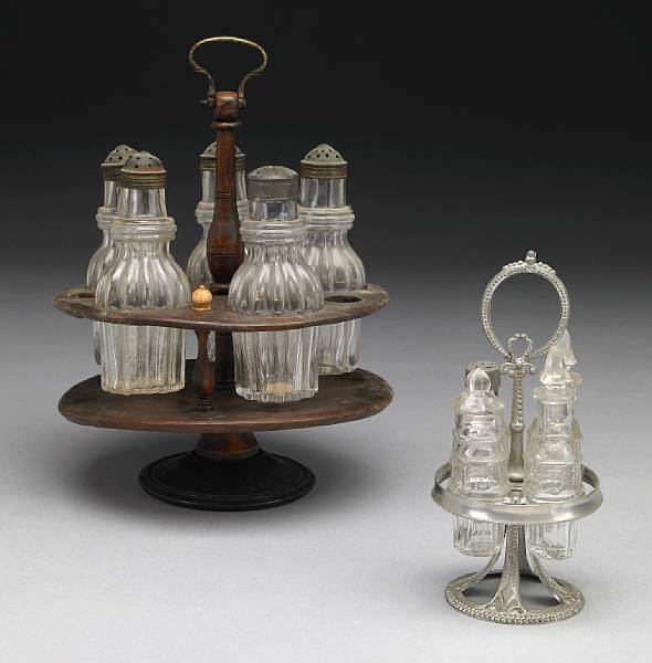 Appraisal: A wood and blown three mold glass cruet stand and