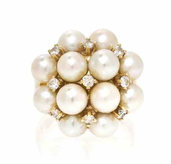 Appraisal: A Karat Yellow Gold Cultured Pearl and Diamond Cluster Ring