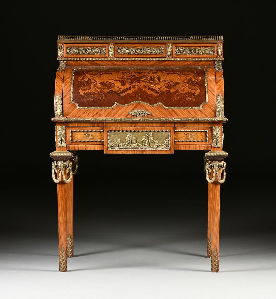 Appraisal: A LOUIS XVI STYLE MARQUETRY INLAID CYLINDRE BONHEUR DU JOUR