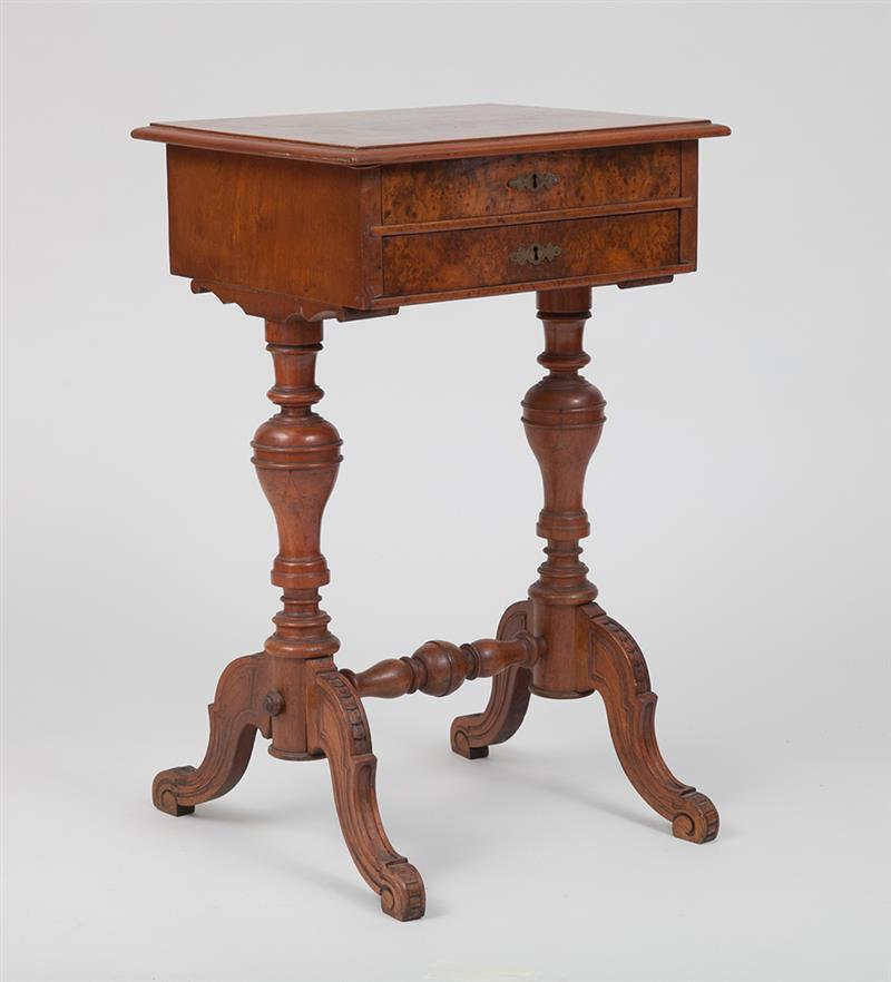 Appraisal: Victorian Burl Walnut Sewing Table The hinged top opening to