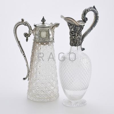 Appraisal: AMERICAN ENGLISH CUT CRYSTAL SILVER WINE SERVERS American coin silver