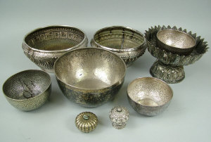 Appraisal: A pair of Thai white metal and niello decorated bowls