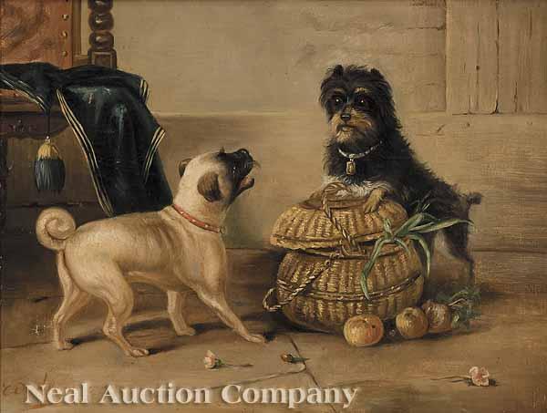 Appraisal: Edmond Le Kimpe Belgian - Puppies with Basket oil on