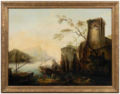 Appraisal: Painting follower of Salvator Rosa Mediterranean harbor scene with castle