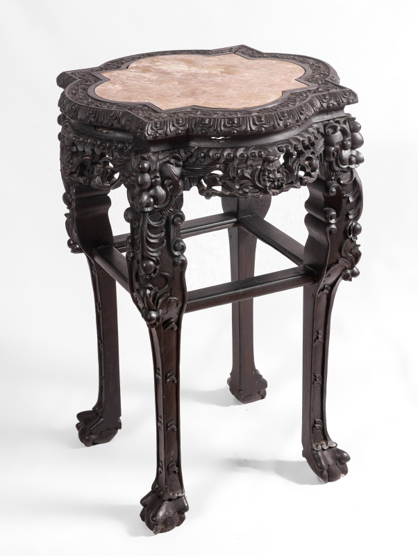 Appraisal: CHINESE CARVED MARBLE TOP STAND Shaped inset marble top with