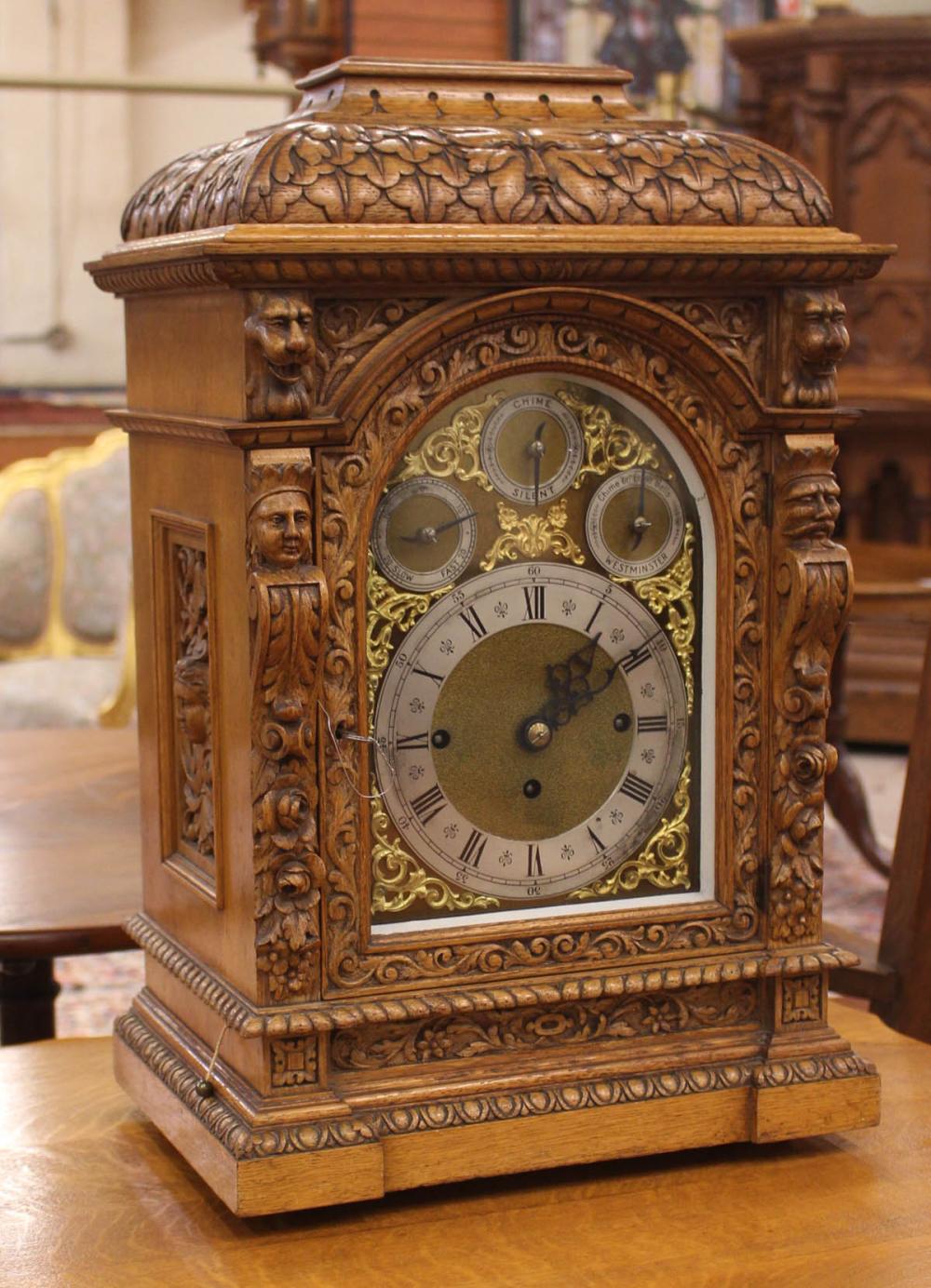 Appraisal: CARVED OAK CASED BRACKET CLOCK M B Peerless label Mathias