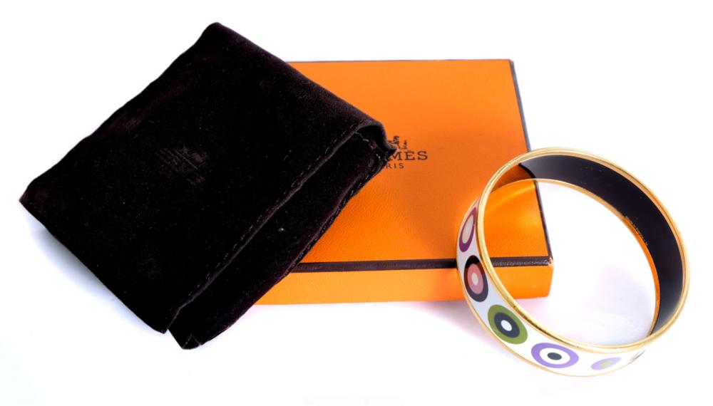 Appraisal: HERMES WIDE ENAMEL DANCING CIRCLES BANGLEHermes printed enamel wide bracelet