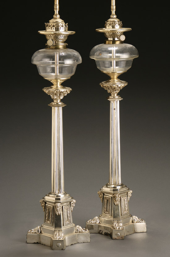 Appraisal: Pair of English Silver Plate and Cut Glass Columnar Oil