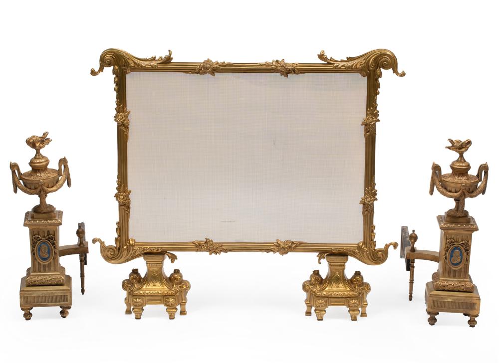 Appraisal: French Neoclassical-Style Gilt Bronze and Enamel Fireplace Garniture th c