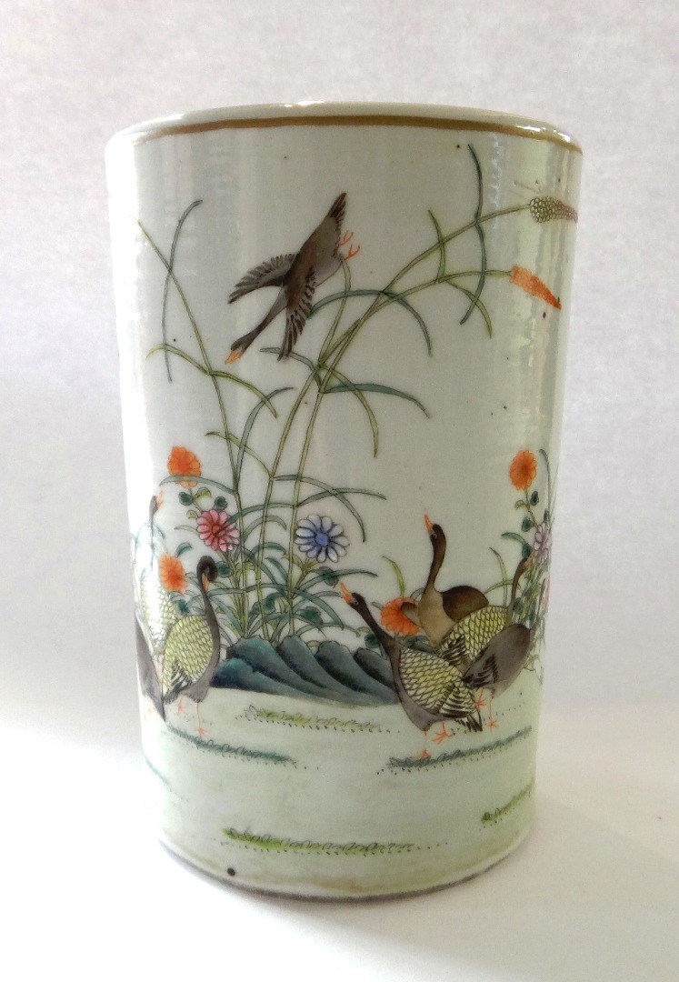 Appraisal: A Chinese famille-rose cylindrical brush pot Guangxu six character mark